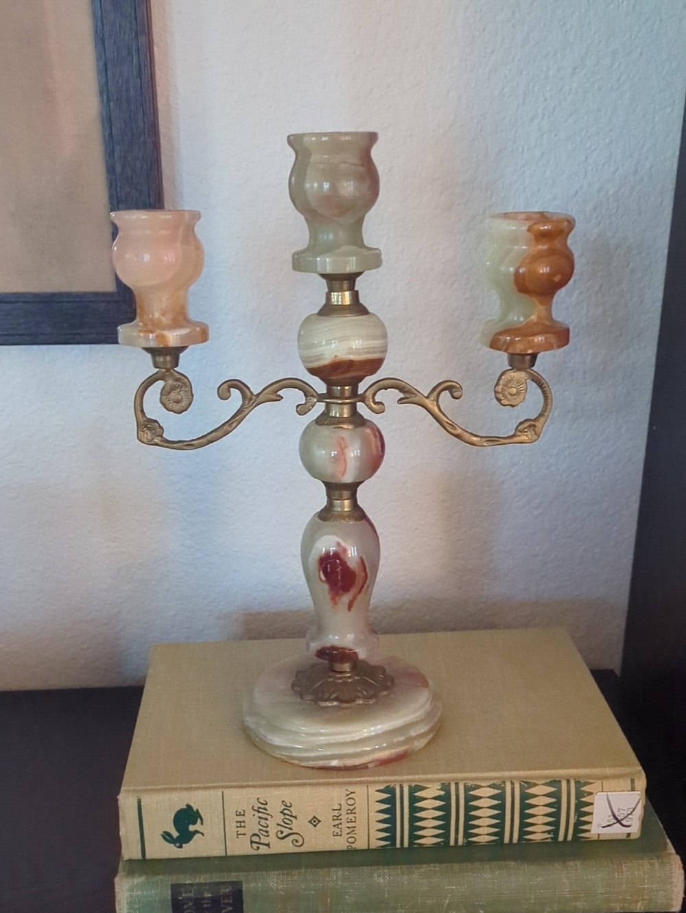 Vintage Onyx Marble Three-Arm Candelabra - Multicolor